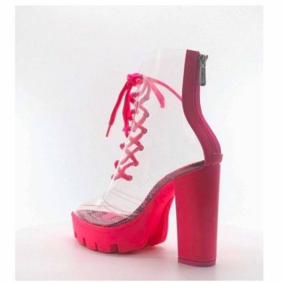 Clear Lace Up Lug Sole Booties in Pink Snake - Picture 2 of 7